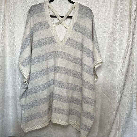 Aerie Oversized Comfy Striped Cape Sweater Criss Cross Back Gray White Size L/XL - Picture 9 of 16